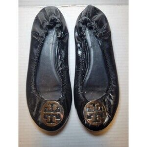 Tory Burch Leather Ballet Flats Women’s Size 7.5 Silver Medallion Black Slip Ons